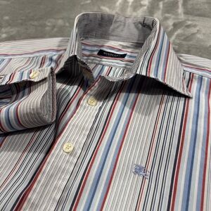 BURBERRY LONDON Medium 16-41 Blue White Striped Button Down Long Sleeves Shirt